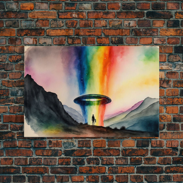 The Abduction, Rainbow UFO Art, Watercolor, Framed Canvas Print, Science Fiction Wall Decor