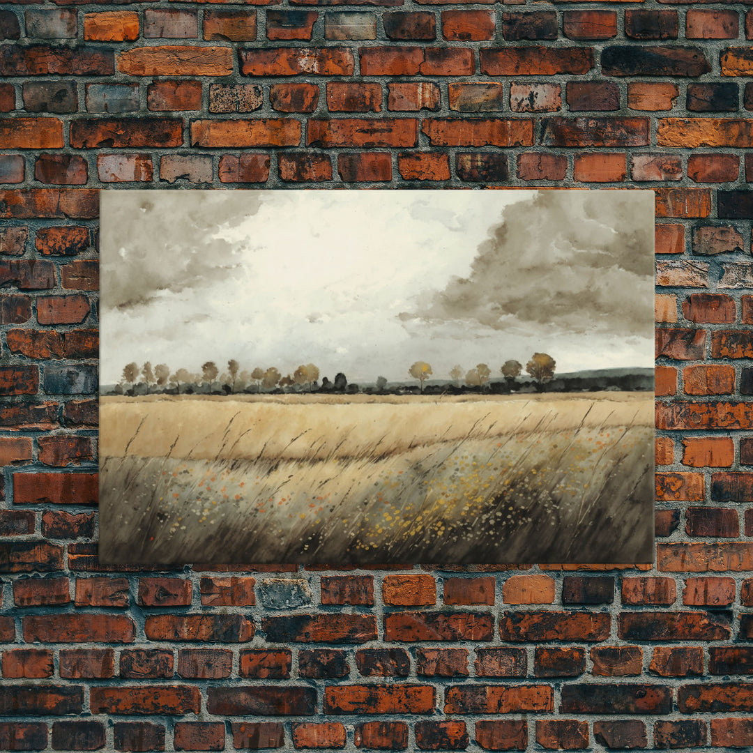 Moody Country Landscape Canvas Print Painting | Vintage Wall Art | Subdued Wall Art | Framed Canvas | Muted Monochromatic Landscape Art