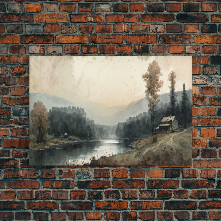 Cottage On The Lake, Wall Art, Framed Canvas Print, Subdued Minimalist Boho Style Wall Decor, Canvas Art, Rustic Decor