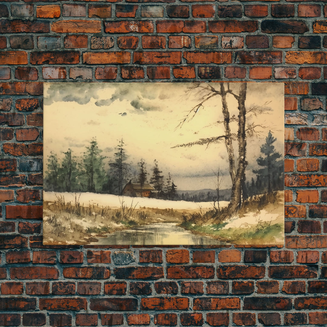Cottage On The Lake, Wall Art, Framed Canvas Print, Subdued Minimalist Boho Style Wall Decor, Canvas Art, Rustic Decor