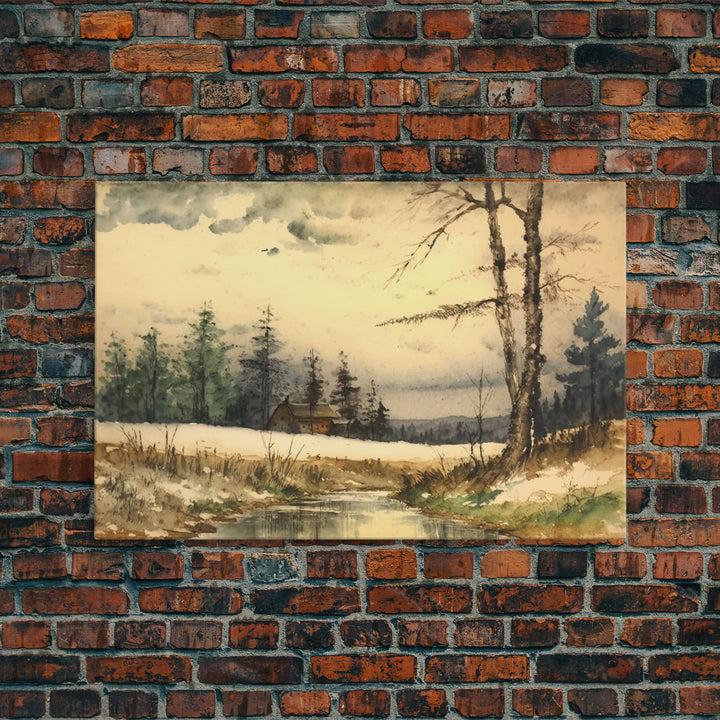 Cottage On The Lake, Wall Art, Framed Canvas Print, Subdued Minimalist Boho Style Wall Decor, Canvas Art, Rustic Decor