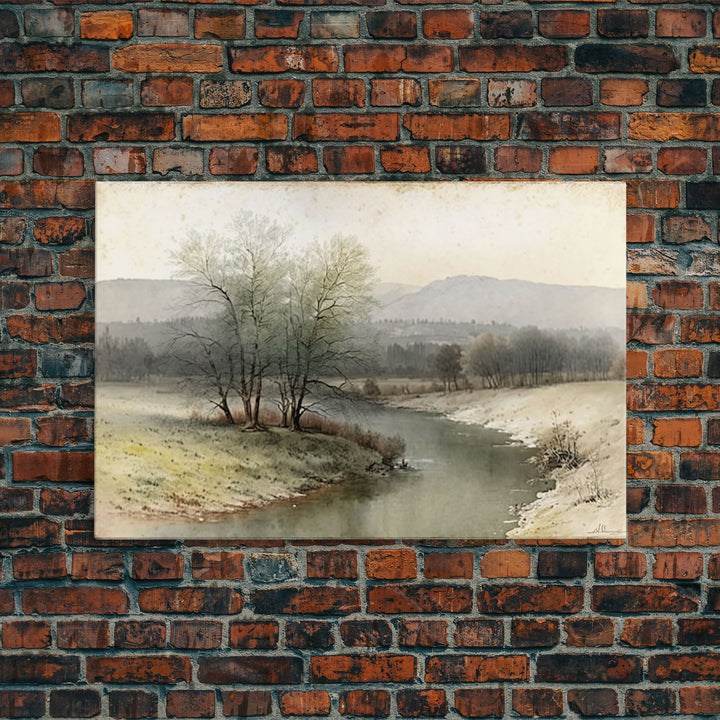 Rustic Vintage Landscape Wall Art Print, Nature Framed Large Gallery Art, Minimalist Art Ready to Hang, With Hangers, Muted Farmhouse Art