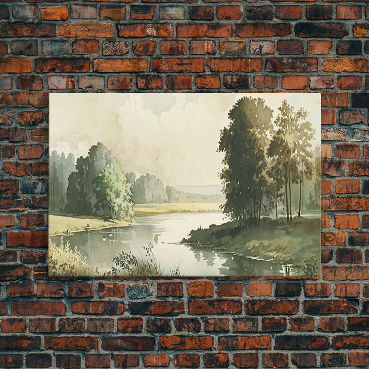 Wall Art, Vintage Landscape Framed Canvas Print, Wall Decor with hanging kit, Rustic Farmhouse Decor, Primitive Art, Early American Style