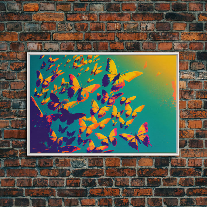 Synthwave Tangerine butterflies, beautiful butterfly art, framed canvas print, framed wall art