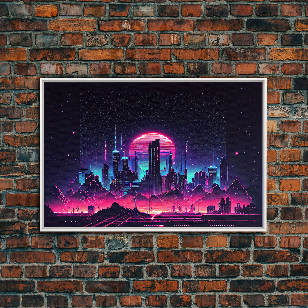 Cyberpunk city skyline superimposed over a sunset, synthwave style dystopian  art, framed canvas print