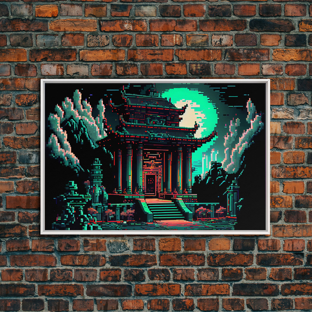 Japanese Pagoda pixel art, cyberpunk style pagoda, framed canvas print