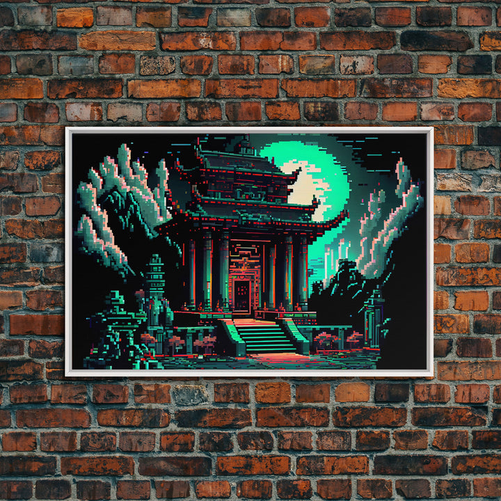 Japanese Pagoda pixel art, cyberpunk style pagoda, framed canvas print