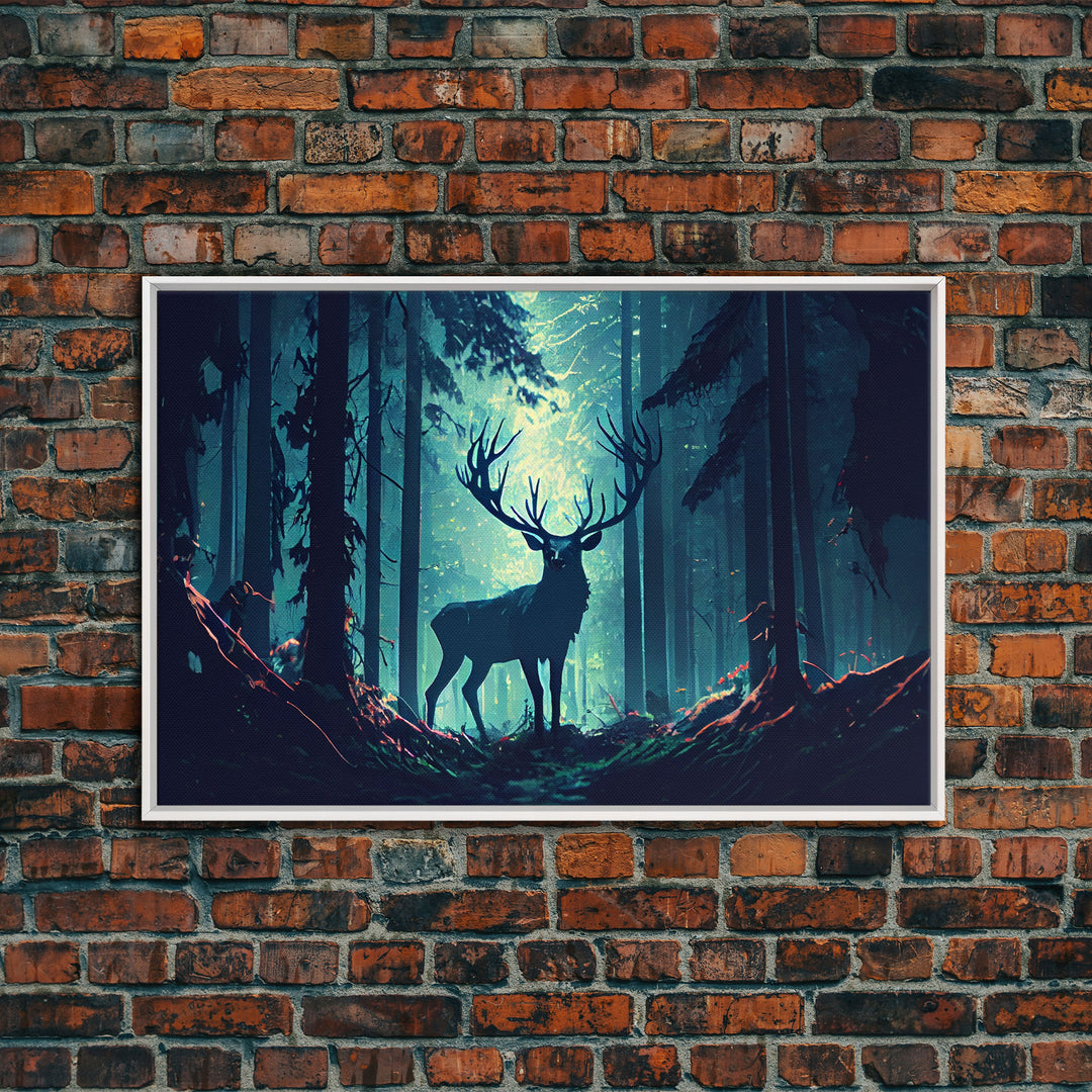 Mythical stag in the forest, fantasy art, framed canvas print, mythical creatures