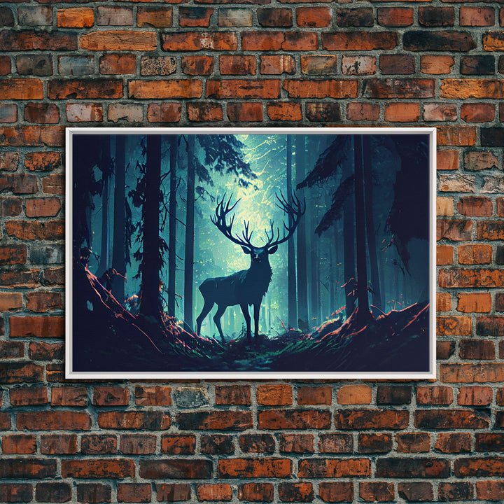 Mythical stag in the forest, fantasy art, framed canvas print, mythical creatures