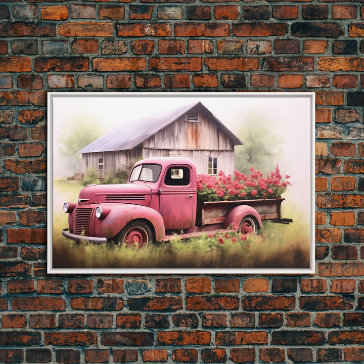 Old Pink Truck Used As a Flower Bed, Framed Canvas Print Or Poster, Rustic Farmhouse Decor, Primitive Art, Country Home Art