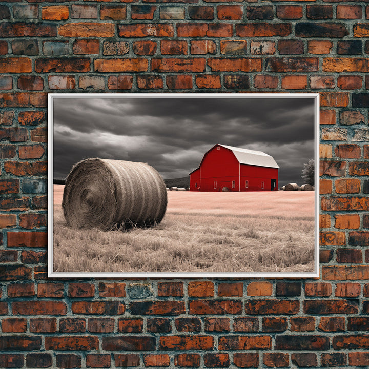 Liminal Spaces, Red Barn Under A Storm Canvas Print, Rustic / Minimalist Cottagecore Wall Art, Framed Canvas Print, Hay Bale Art