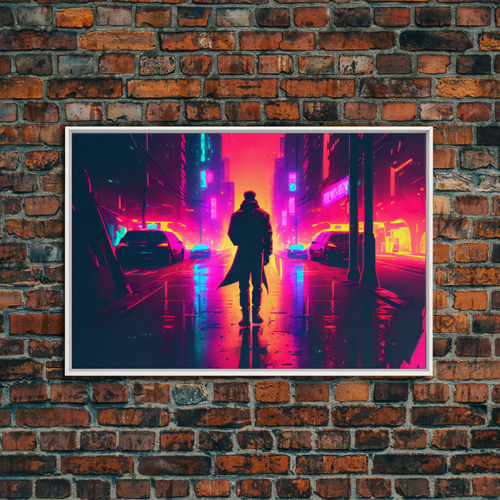 Cyberpunk bounty hunter art, vaporwave synthwave dystopian cityscape, framed canvas print