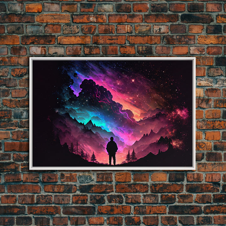 Contemplating the Universe, retro style space art, framed canvas print, synthwave space decor