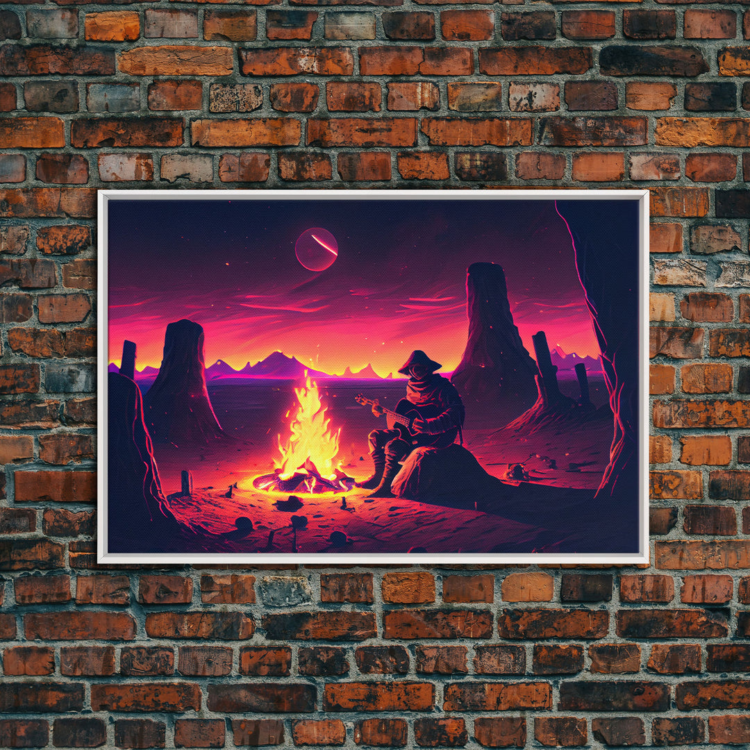 Valley Canyon Man Campfire Guitar Landscape Magenta Fine Art Print, Wall Art Print, Wall Poster, Wall Décor