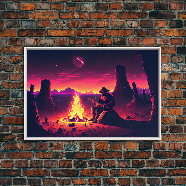 Valley Canyon Man Campfire Guitar Landscape Magenta Fine Art Print, Wall Art Print, Wall Poster, Wall Décor