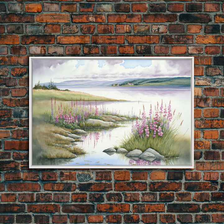 Pink flower landscape art, beautiful nature watercolor painting canvas print, Framed Canvas Print, Wall decoration, living room wall art