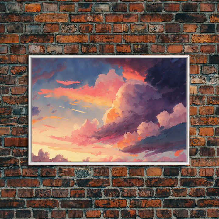 Pink Clouds Sunset Art | Framed Canvas Print | Vintage Style Painting Print | Whimsical Boho Decor | Modern Farmhouse Art