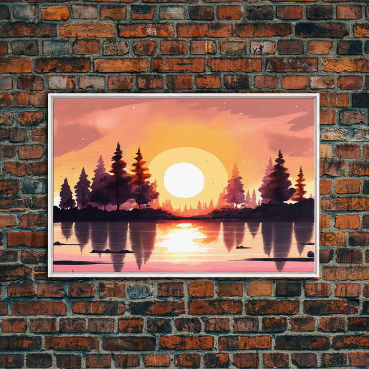 Sunrise Over The Lake and Forest, Lakehouse landscape art, orange and red tones, framed canvas print, watercolor art