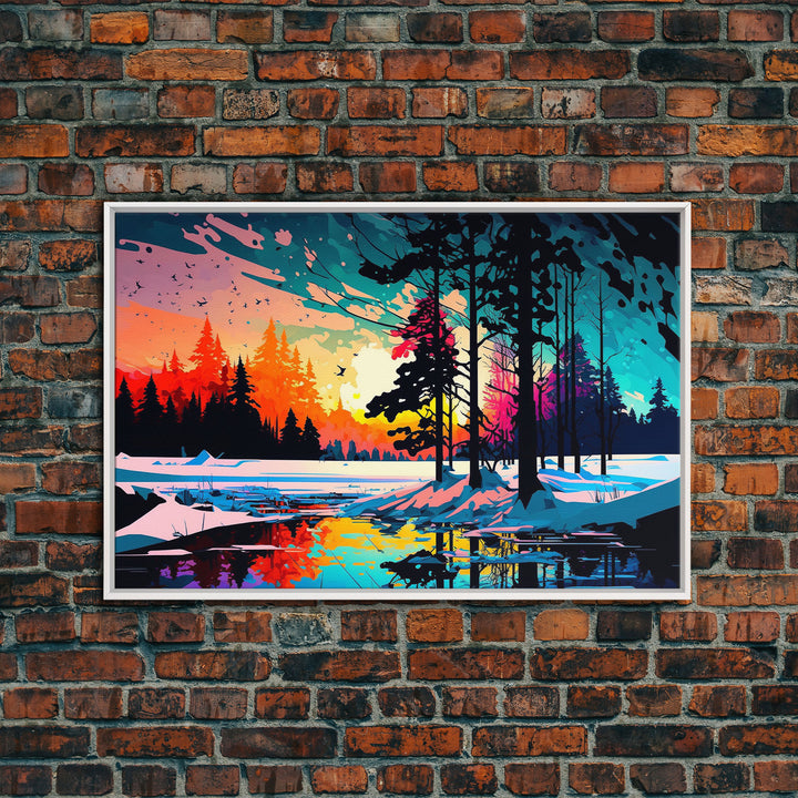 Pop Art Style Water Color of a Winter Forest | Minimalist Contemporary Art | Framed Canvas Print | WPAP Style Landcape Art