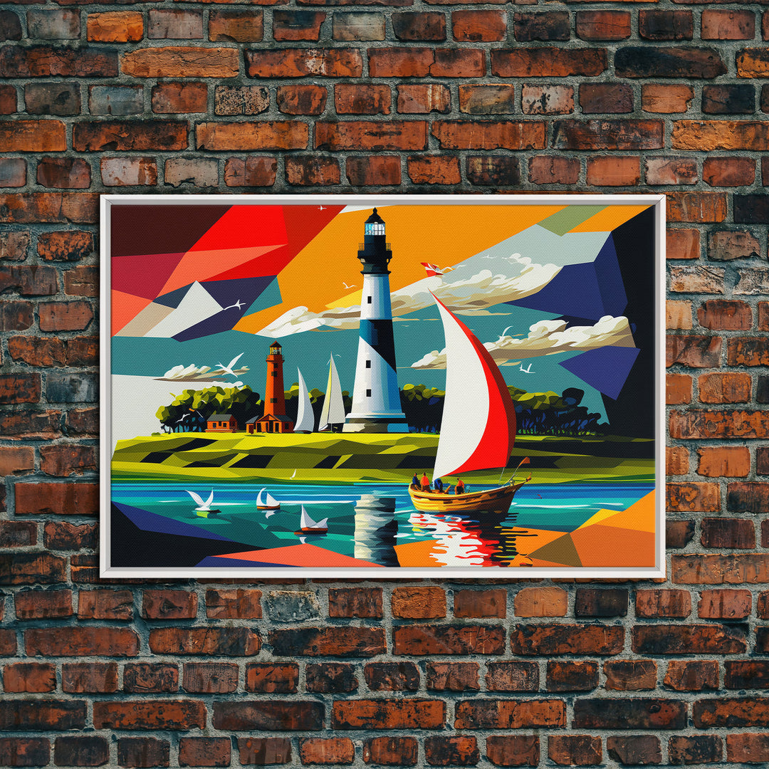 Sailboat and Lighthouse | Pop Art Style Painting Print | Framed Canvas Print | Colorful  Minimalist Art | Nautical Art