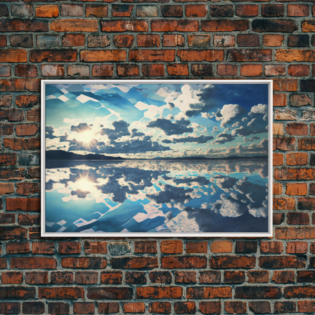 Reflections in Ice, Framed canvas print, unique farmhouse wall art, blue and white tones