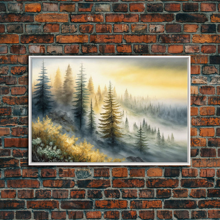 Watercolor of a foggy pine tree forest, framed canvas print, unique wall art, contemporary art