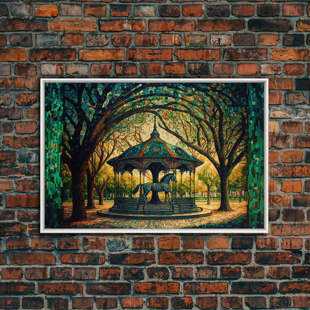 Framed Canvas Print, Painting of a Vintage carousel, Stained Glass Style Wall Art