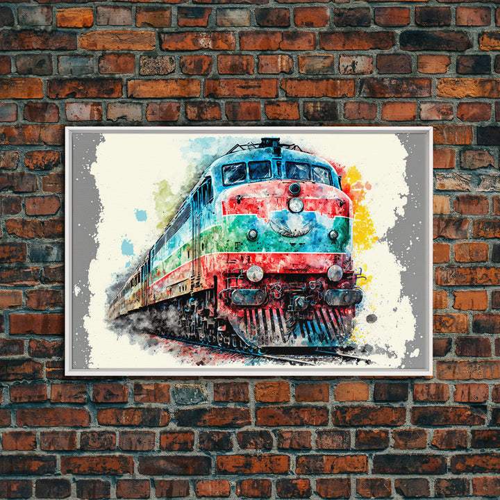 Train Art, Watercolor, Graffiti Pop Art, Framed Canvas Print, Modern Passenger Train Wall Decor, Train Conductor Art