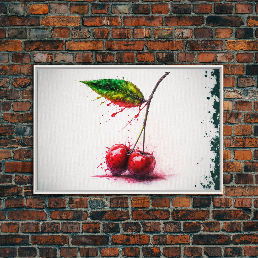 Watercolor Cherry, Still Life Paint Splatter Art, Framed Canvas Print, Fruit Art, Cherries with Stems Watercolor Painting