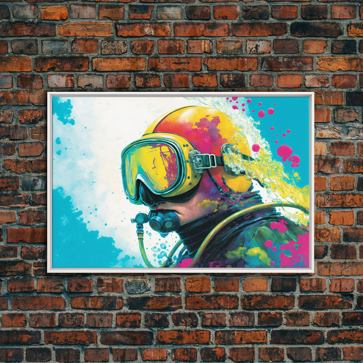Graffiti Pop Art Scuba Diver, Framed Canvas Print, Scuba Painting, Retro Under Water Punk Art