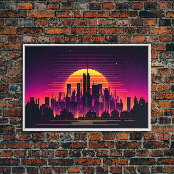 Outrun Style Futuristic Cyberpunk City Skyline at Sunset, Concept art, framed canvas print, dystopian art