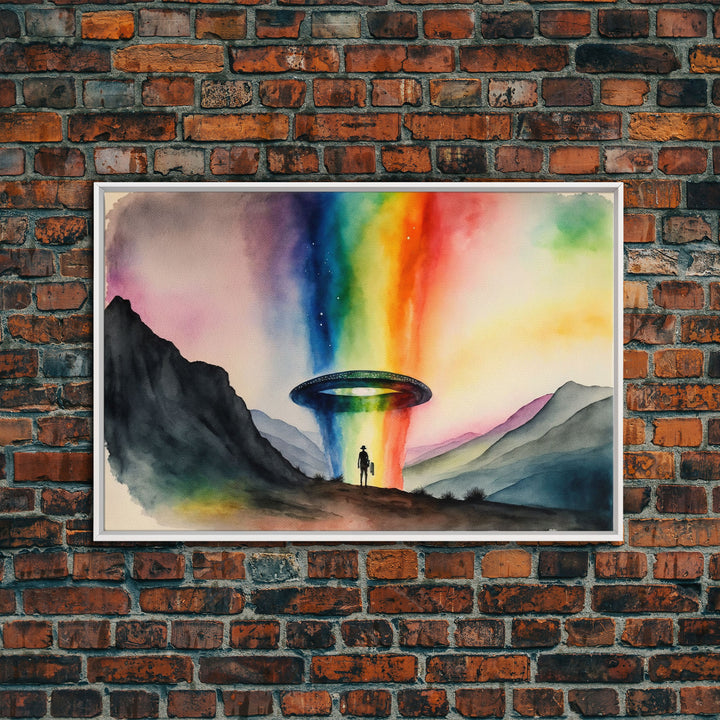 The Abduction, Rainbow UFO Art, Watercolor, Framed Canvas Print, Science Fiction Wall Decor