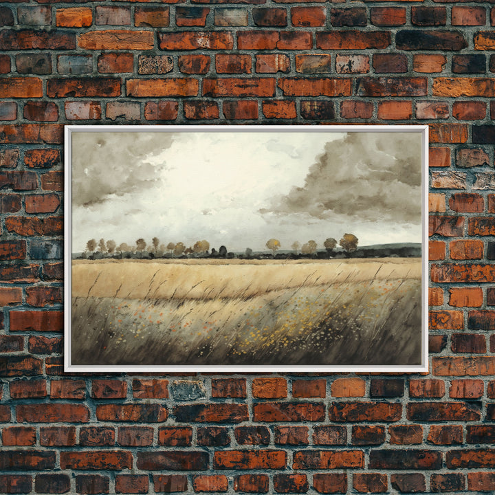 Moody Country Landscape Canvas Print Painting | Vintage Wall Art | Subdued Wall Art | Framed Canvas | Muted Monochromatic Landscape Art