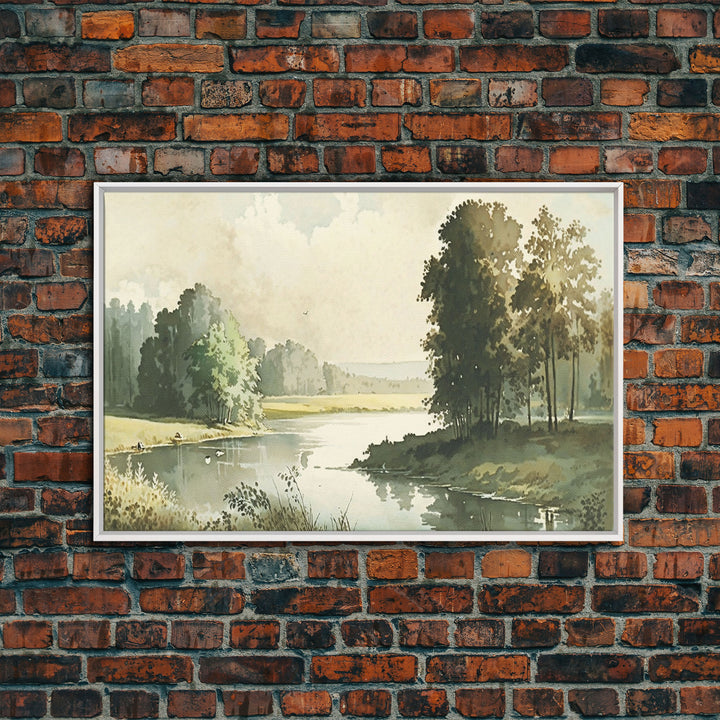 Wall Art, Vintage Landscape Framed Canvas Print, Wall Decor with hanging kit, Rustic Farmhouse Decor, Primitive Art, Early American Style