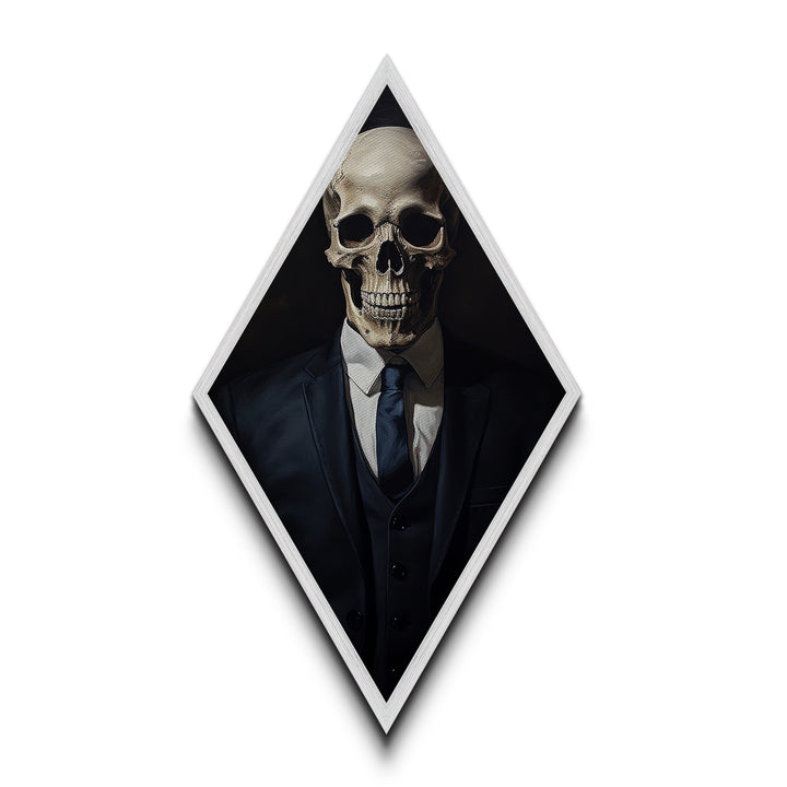 "Death in a Suit" Skeleton in Business Attire Canvas Embossed Print, Dark Academia Diamond Shaped Art for Gothic Office or Halloween Wall Decor