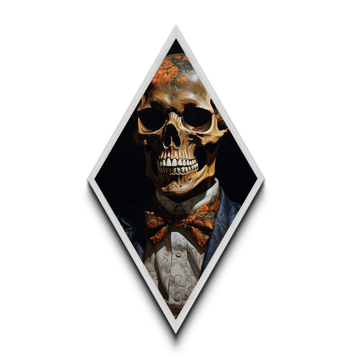 "Florals for the Dead" Skeleton with Flowered Skull and Pumpkin Bowtie Canvas Art Print, Diamond Shaped Halloween Decor in Gothic Baroque Style