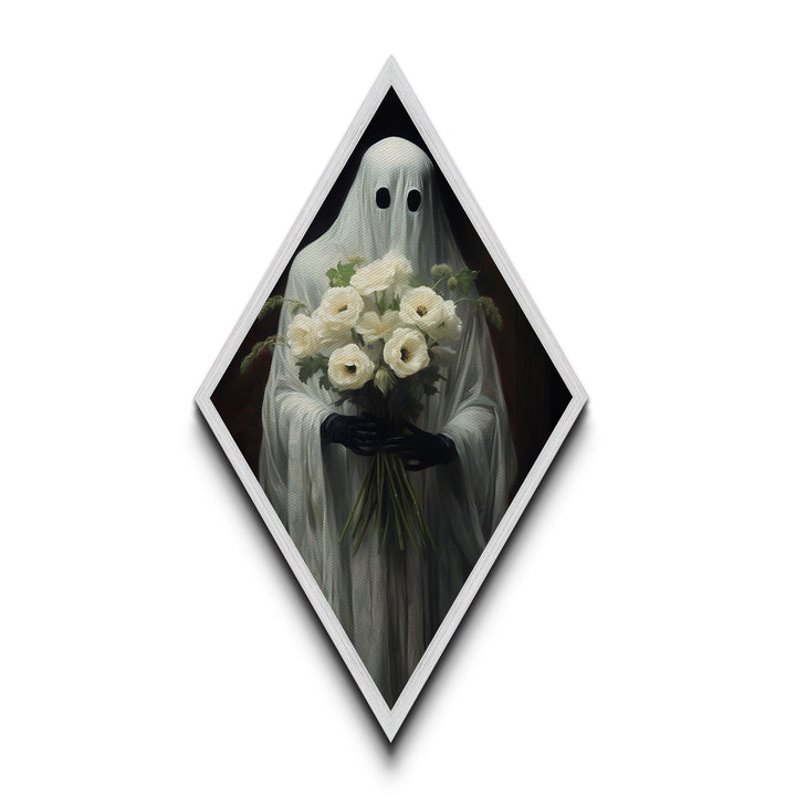 "Ghost with Flowers" Diamond Shaped Art Spirit Holding White Bouquet Canvas Art Print, Gothic Halloween Decor in Dark Academia Romantic Style