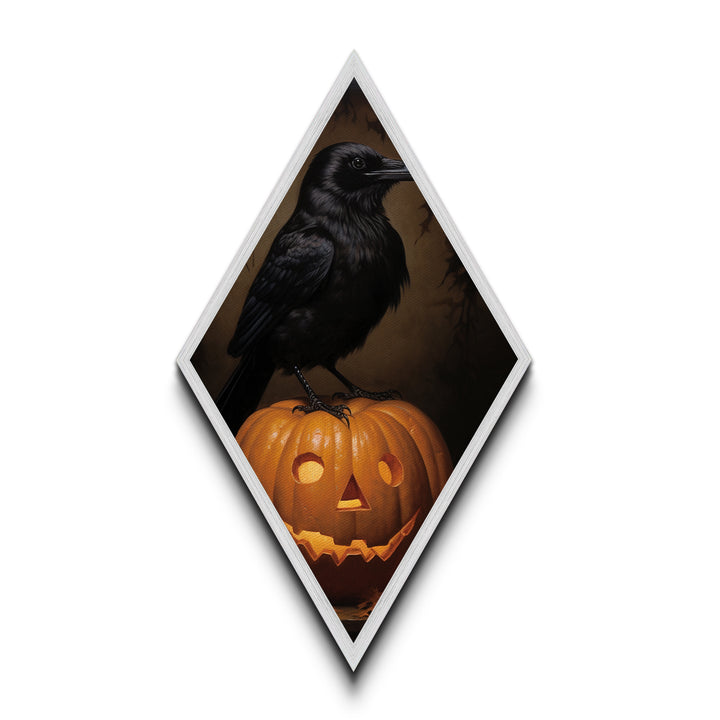 "Crow and Lantern" Gothic Halloween Crow on Pumpkin Canvas Embossed Print, Diamond Shaped Art for Dark Academia or Spooky Autumn Wall Decor
