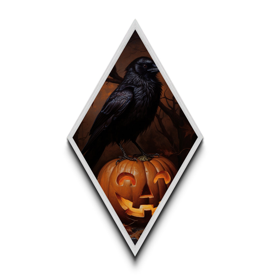 "Cackle Lantern" Gothic Crow and Glowing Jack-O'-Lantern Canvas Embossed Print, Diamond Shaped Art for Dark Halloween and Autumn Vibes