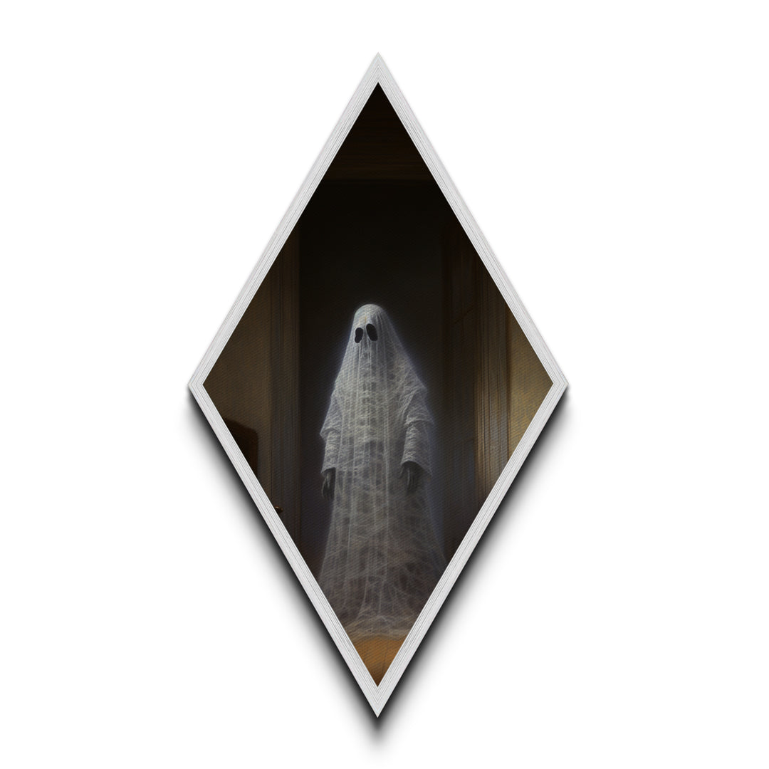 "The Hallway Pause" Diamond Shaped Art of Ghost in Doorway Canvas Art Print, Gothic Halloween Decor with Dark Academia Haunted House Vibes
