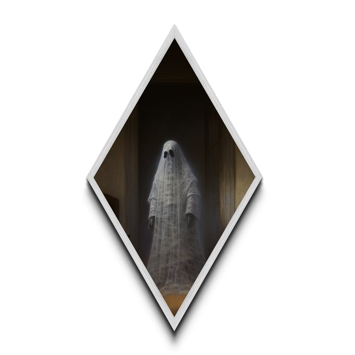 "The Hallway Pause" Diamond Shaped Art of Ghost in Doorway Canvas Art Print, Gothic Halloween Decor with Dark Academia Haunted House Vibes