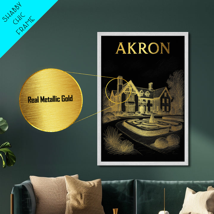 Akron Ohio travel, Metallic Gold Art, Modern House Art, Metal Art, Wood Framed Art, Traveler Gift, Destination Gift