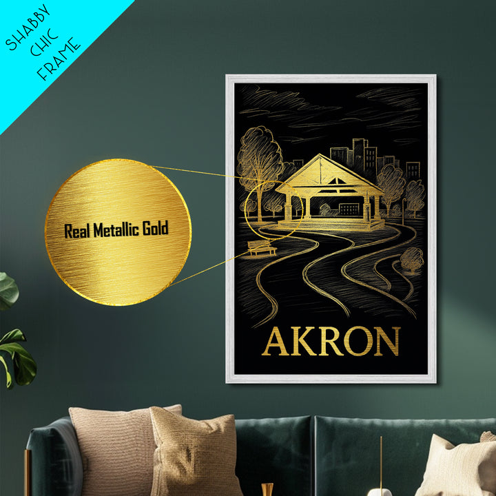 Akron Ohio art, Metallic Gold Print, Modern House Art, Metal Art, Wood Framed Art, Destination Gift, Graduation Travel Gift