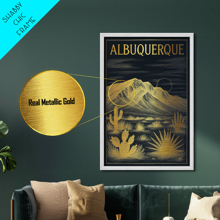 Albuquerque New Mexico travel, Metallic Gold Art, Modern Skyline Wall Print, Metal Art, Wood Framed Art, Travel Gift, Adventure Lover Gift