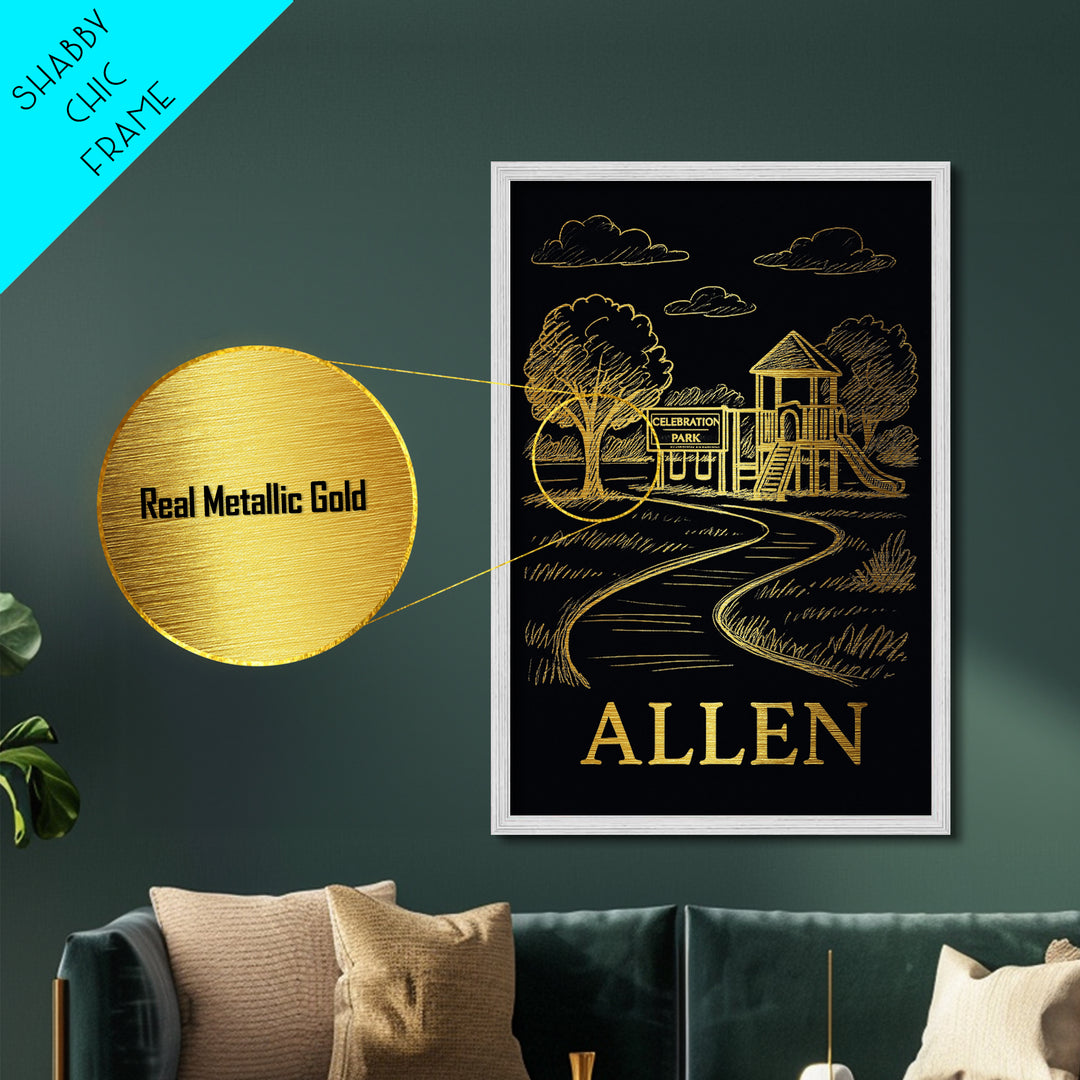 Allen Texas art, Metallic Gold Print, Office Decor, Metal Art, Wood Framed Art, Adventure Lover Gift, Traveler Gift