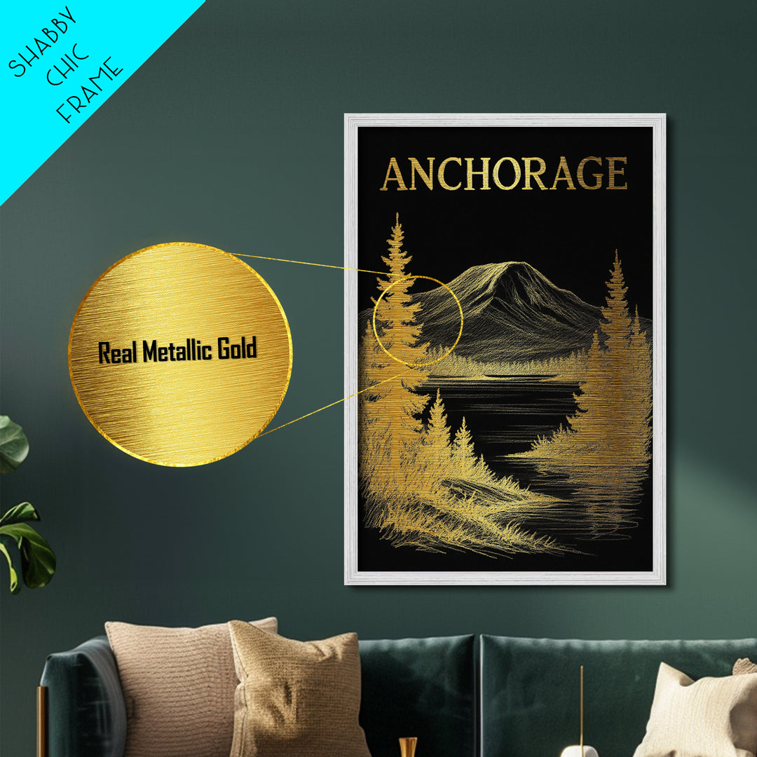 Anchorage Alaska travel, Metallic Gold Art, Modern Skyline Wall Print, Metal Art, Wood Framed Art, Adventure Lover Gift, Travel Gift