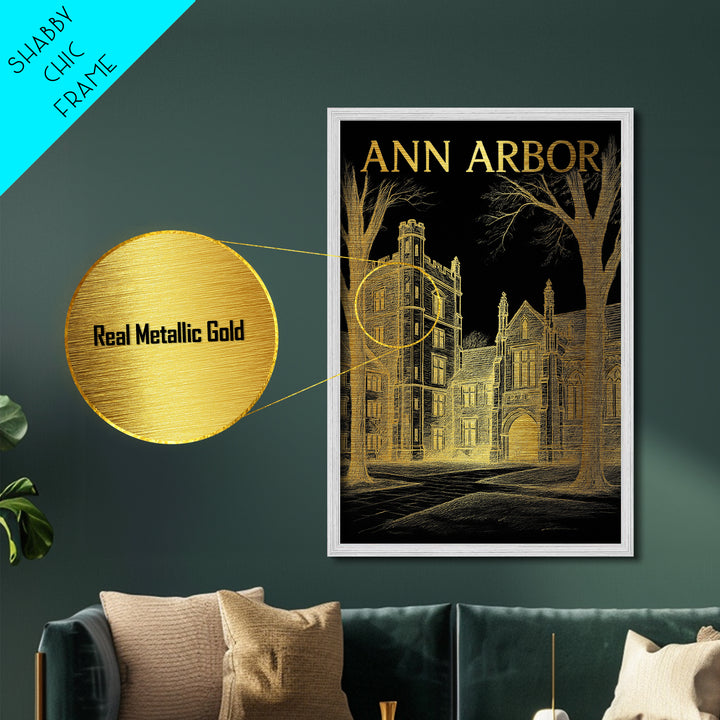 Ann Arbor Michigan travel, Metallic Gold Art, Modern House Art, Metal Art, Wood Framed Art, Wanderlust Gift, Travel Art Prints