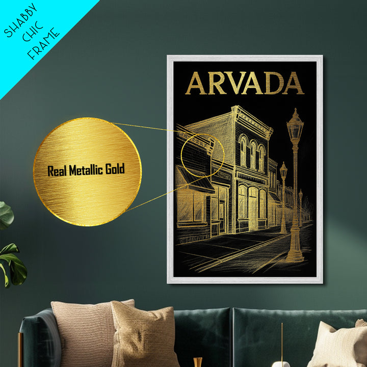 Arvada Colorado travel, Metallic Gold Art, Modern Skyline Wall Print, Metal Art, Wood Framed Art, Adventure Lover Gift, Travel Gift