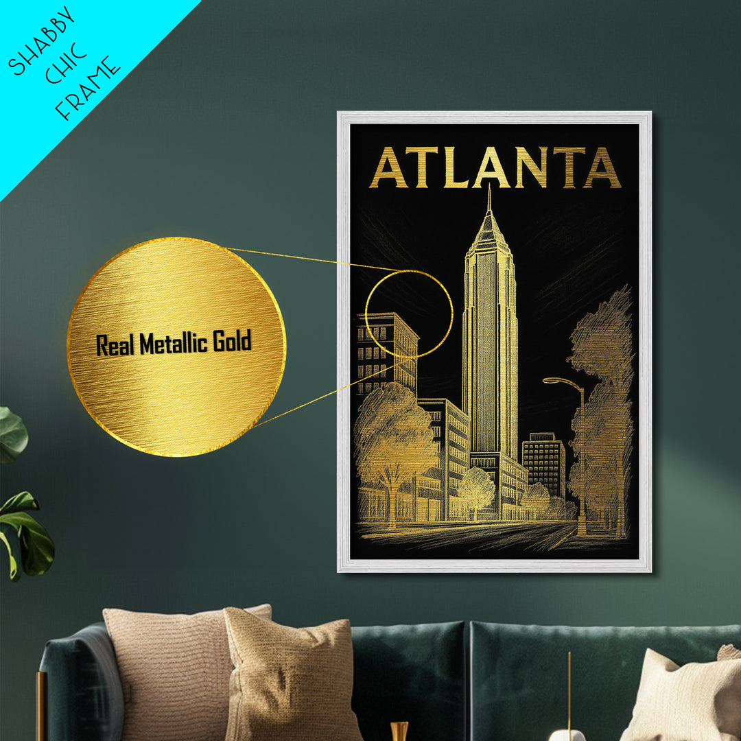 Atlanta Georgia travel, Metallic Gold Art, Modern House Art, Metal Art, Wood Framed Art, Wanderlust Gift, Travel Art Prints