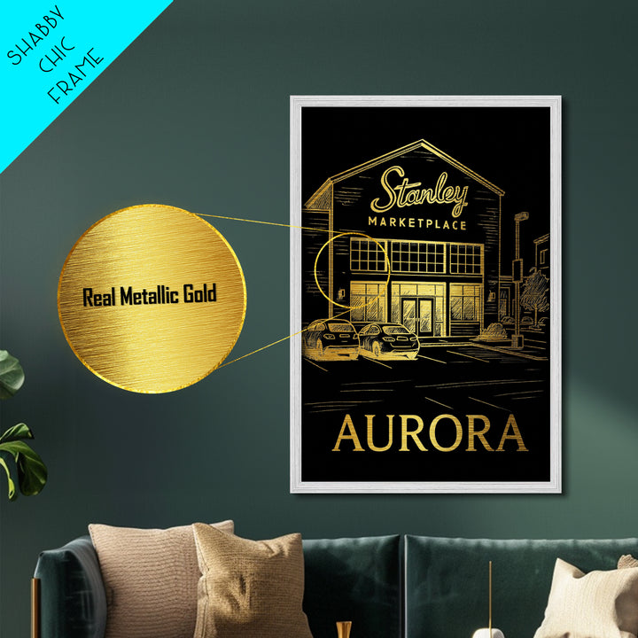Aurora Illinois travel, Metallic Gold Art, Modern Skyline Wall Print, Metal Art, Wood Framed Art, Adventure Lover Gift, Travel Gift